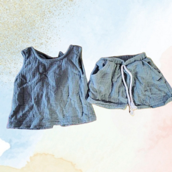 Unisex Matching Blue Textured Sleeveless Back Button Up Top Drawstring Shorts Se - Picture 1 of 11